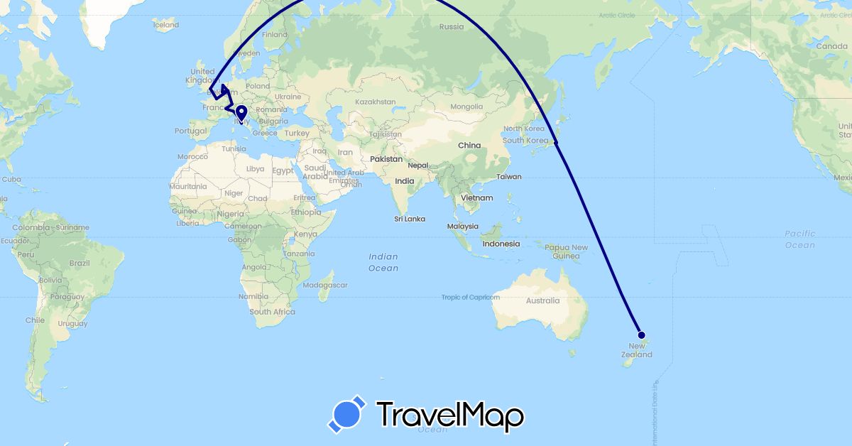 TravelMap itinerary: driving in Belgium, Switzerland, Germany, France, United Kingdom, Italy, Japan, Netherlands, New Zealand (Asia, Europe, Oceania)